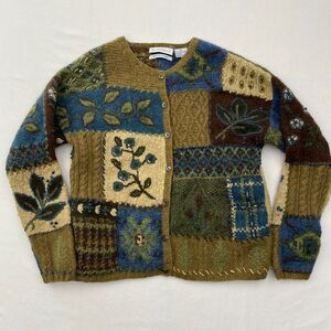 Robert Scott Sweater Womens Medium Brown Wool Blend Cardigan Patchwork Cottage